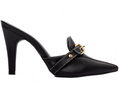 Sapato Scarpin Mule em Napa Preto com Fivelas Douradas