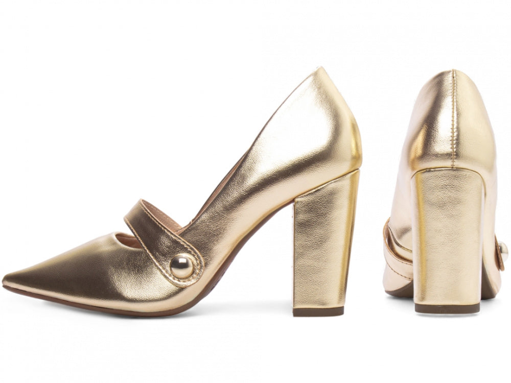 Sapato Scarpin Napa Dourado com Aplique Lateral