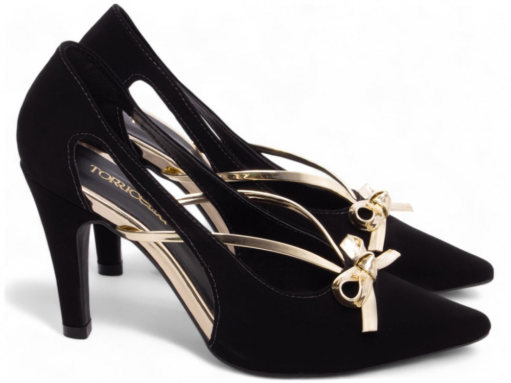 Sapato Scarpin Nobuck Preto com Laço Metalizado Ouro Light