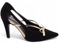 Sapato Scarpin Nobuck Preto com Laço Metalizado Ouro Light