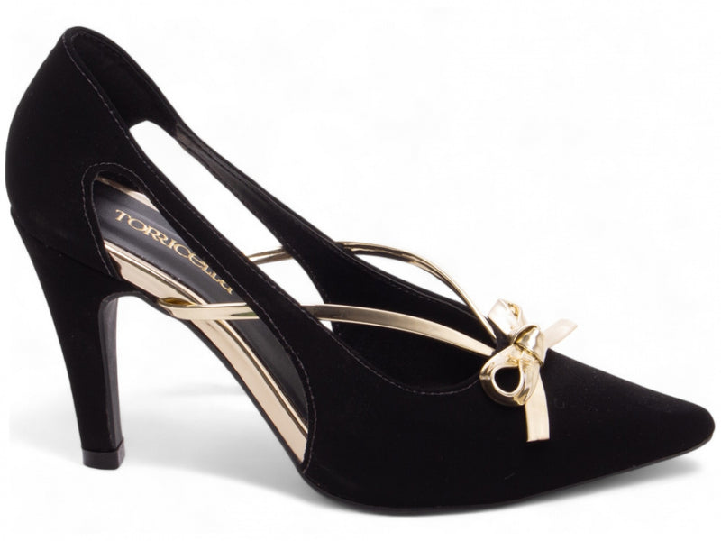 Sapato Scarpin Nobuck Preto com Laço Metalizado Ouro Light
