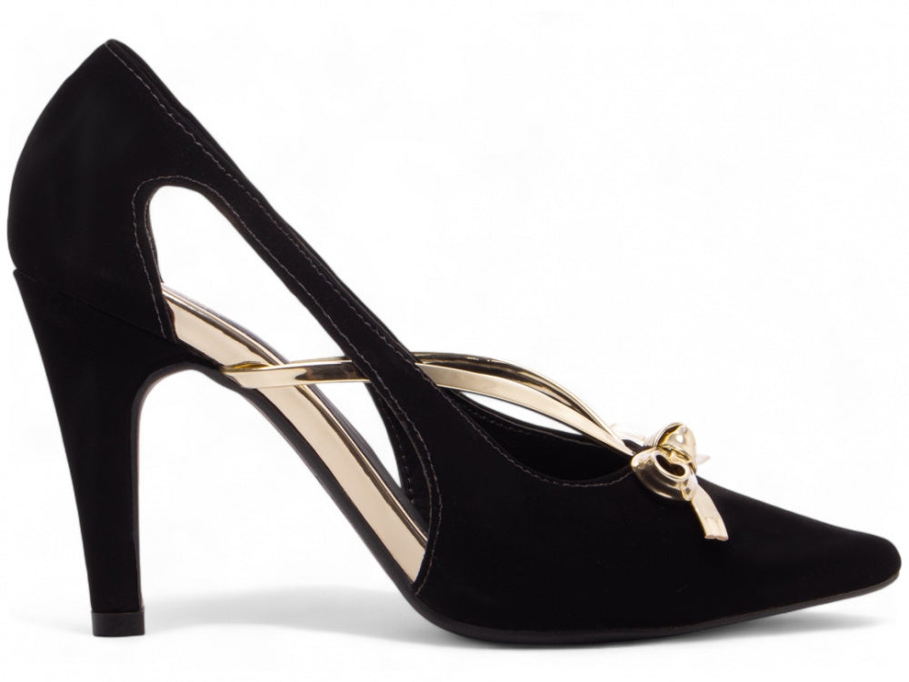 Sapato Scarpin Nobuck Preto com Laço Metalizado Ouro Light