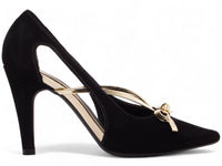Sapato Scarpin Nobuck Preto com Laço Metalizado Ouro Light