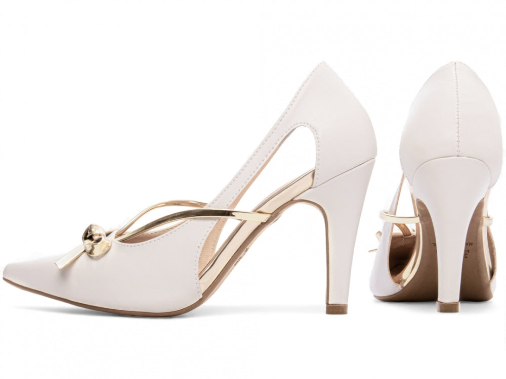 Sapato Scarpin Off White com Laço Metalizado Ouro Light