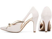 Sapato Scarpin Off White com Laço Metalizado Ouro Light