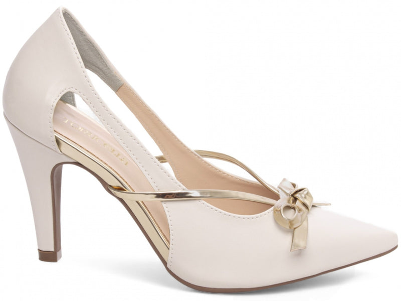 Sapato Scarpin Off White com Laço Metalizado Ouro Light