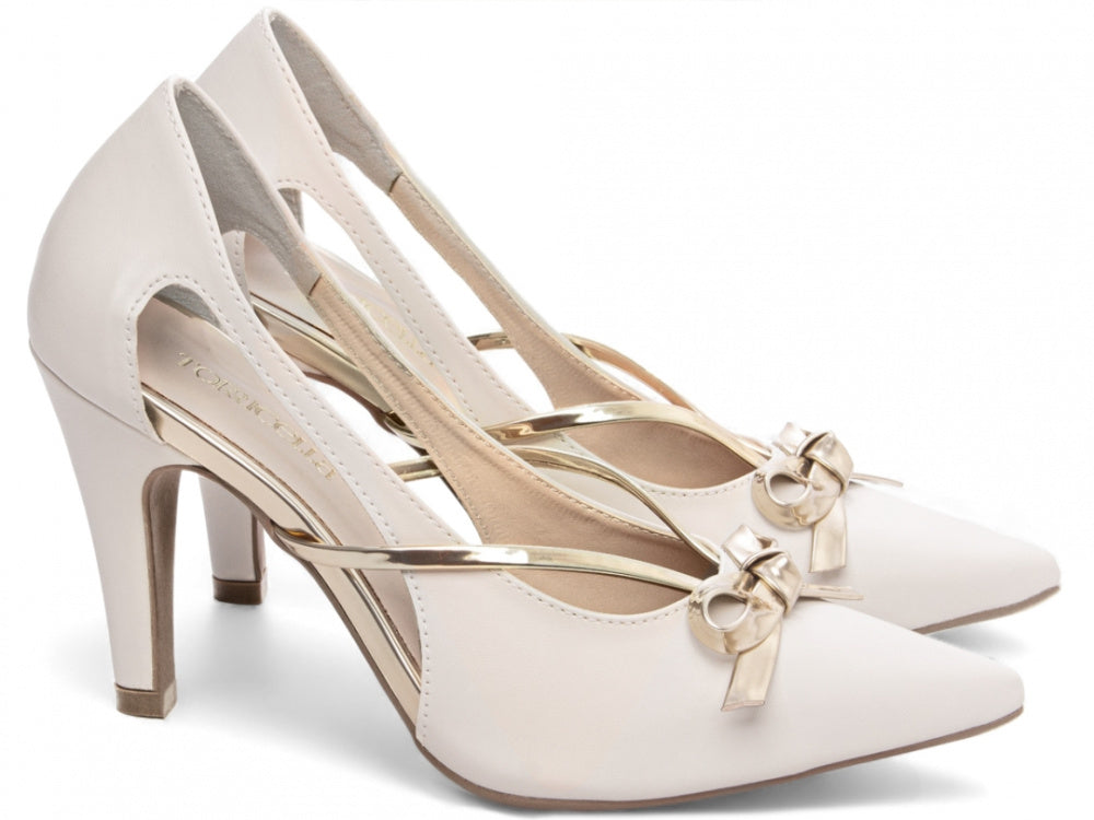 Sapato Scarpin Off White com Laço Metalizado Ouro Light