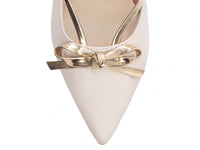 Sapato Scarpin Off White com Laço Metalizado Ouro Light