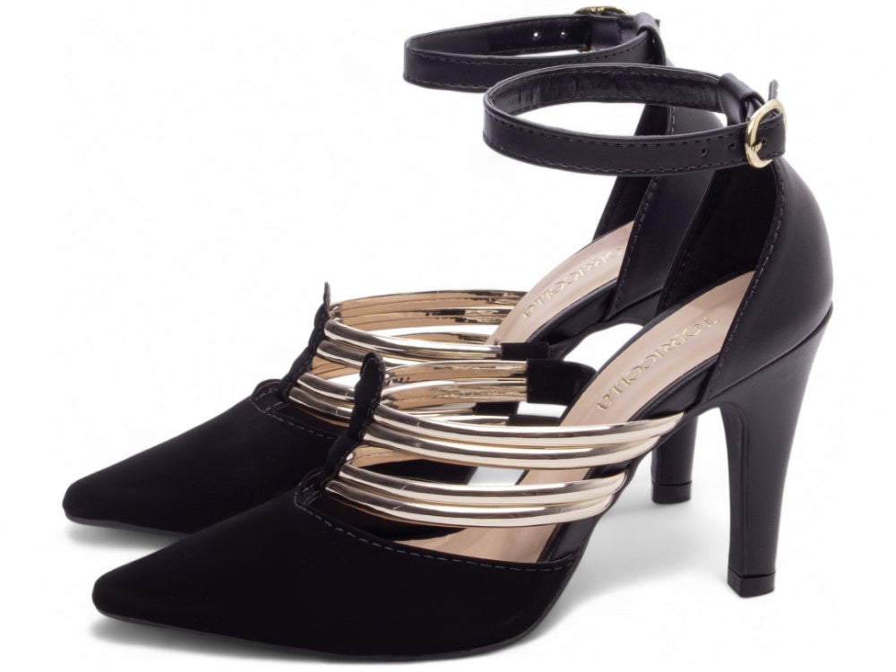 Sapato Scarpin Preto com Tiras Douradas