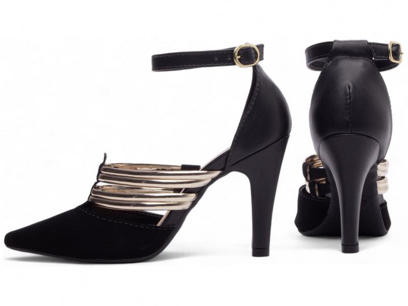 Sapato Scarpin Preto com Tiras Douradas