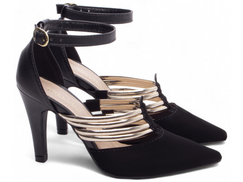 Sapato Scarpin Preto com Tiras Douradas