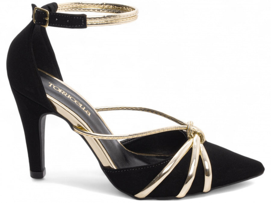 Sapato Scarpin Preto em Nobuck com Fivela Dourada