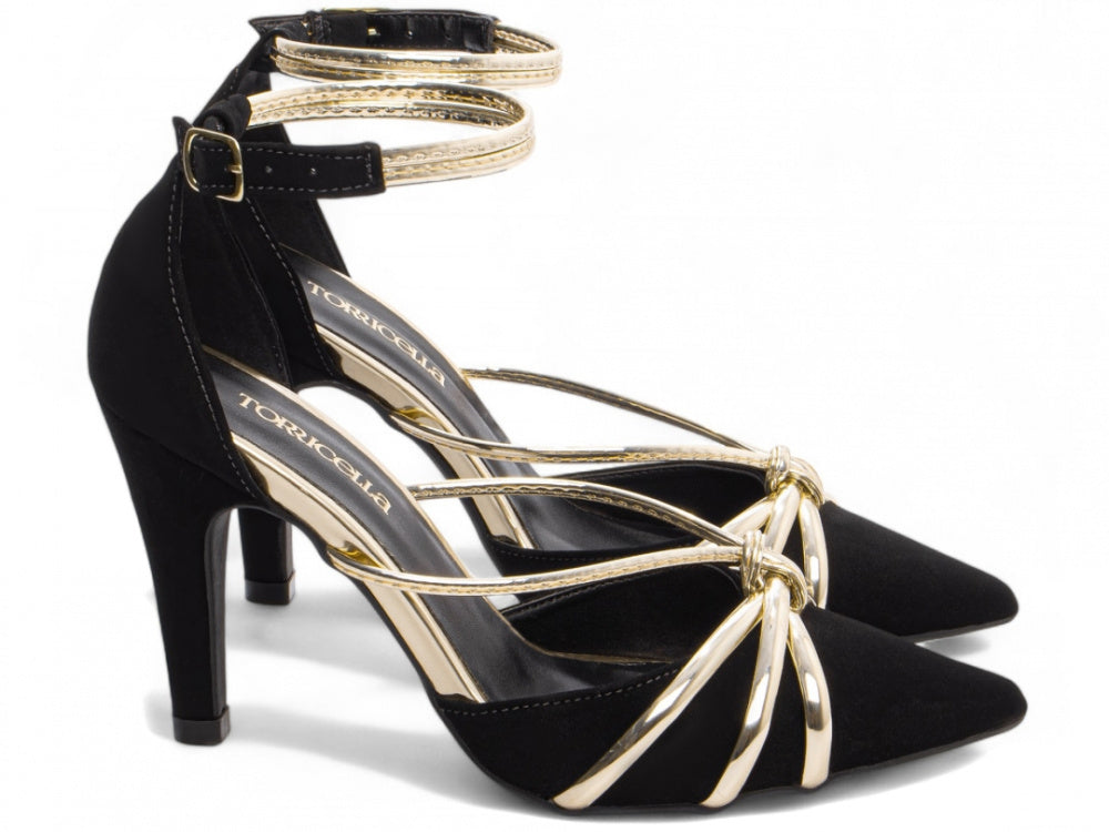 Sapato Scarpin Preto em Nobuck com Fivela Dourada