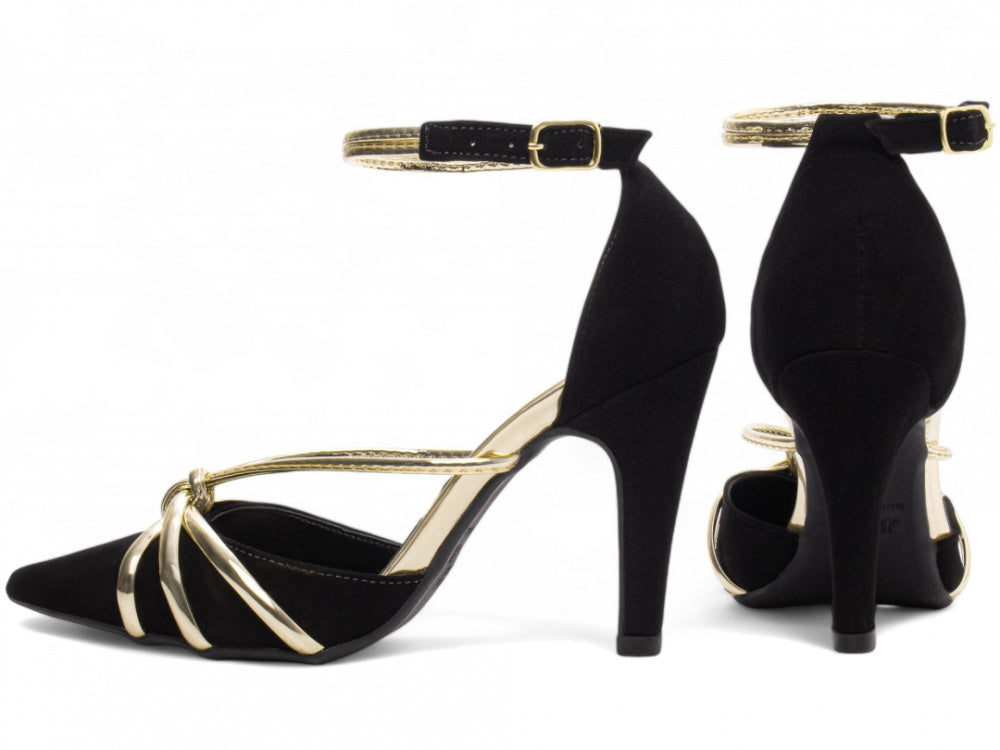 Sapato Scarpin Preto em Nobuck com Fivela Dourada