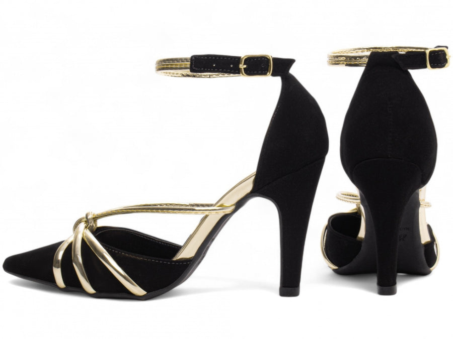 Sapato Scarpin Preto em Nobuck com Fivela Dourada