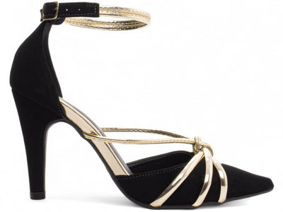Sapato Scarpin Preto em Nobuck com Fivela Dourada