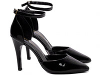 Sapato Scarpin Saia e Blusa Verniz Preto com Fivela Dourada