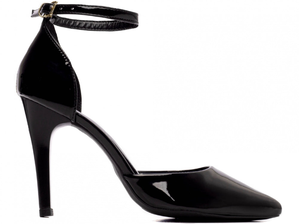 Sapato Scarpin Saia e Blusa Verniz Preto com Fivela Dourada