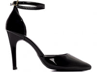 Sapato Scarpin Saia e Blusa Verniz Preto com Fivela Dourada