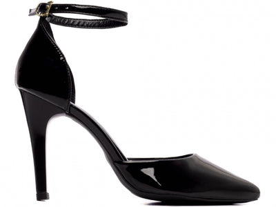 Sapato Scarpin Saia e Blusa Verniz Preto com Fivela Dourada