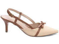 Sapato Scarpin Slingback Caramelo e Bege com Fivela Dourada