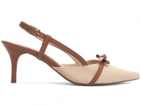 Sapato Scarpin Slingback Caramelo e Bege com Fivela Dourada