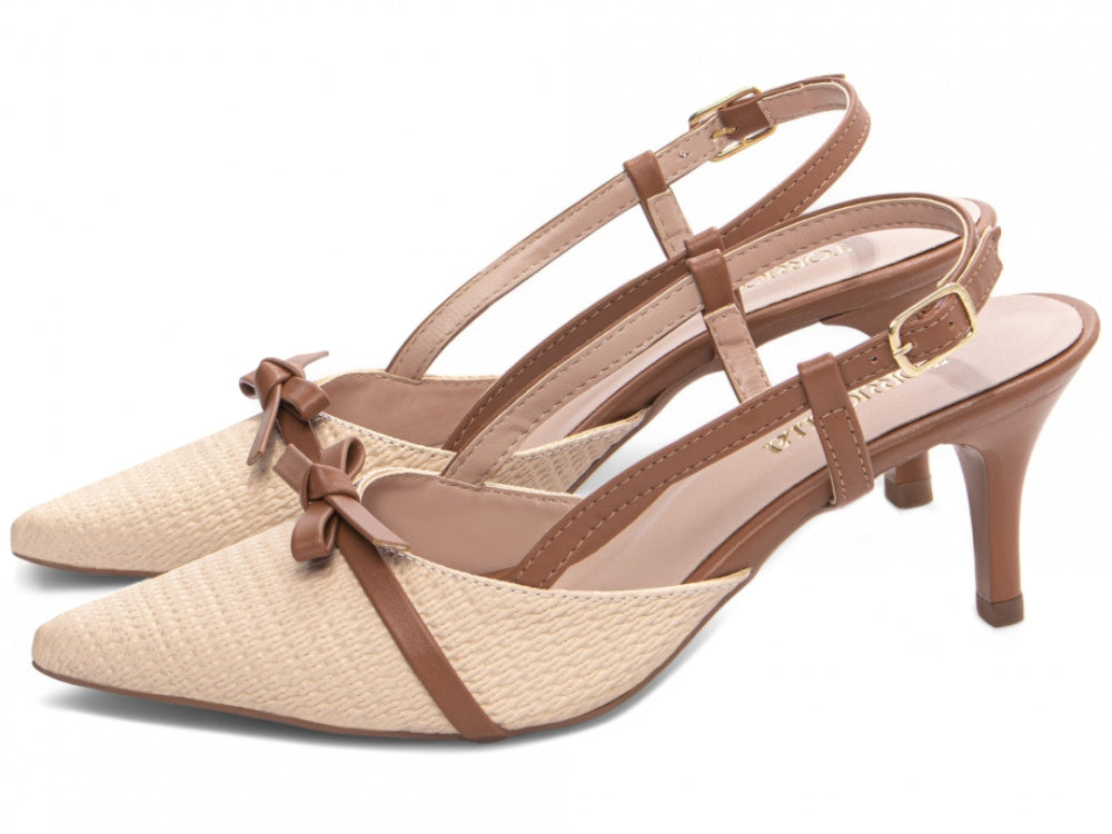 Sapato Scarpin Slingback Caramelo e Bege com Fivela Dourada
