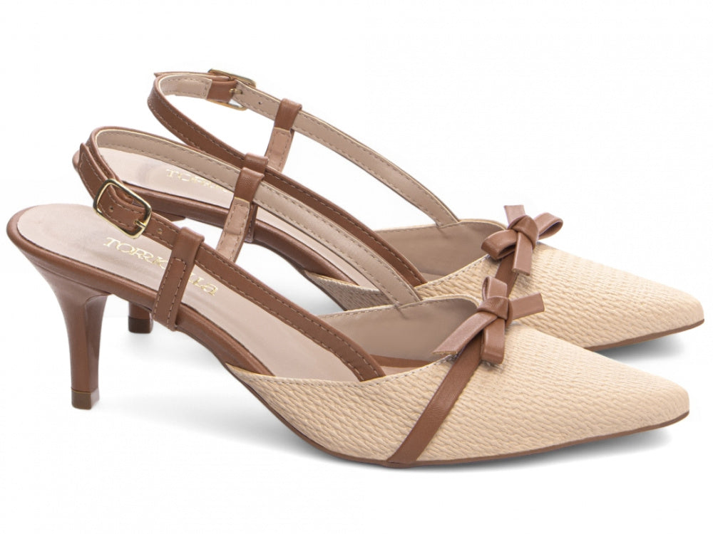 Sapato Scarpin Slingback Caramelo e Bege com Fivela Dourada