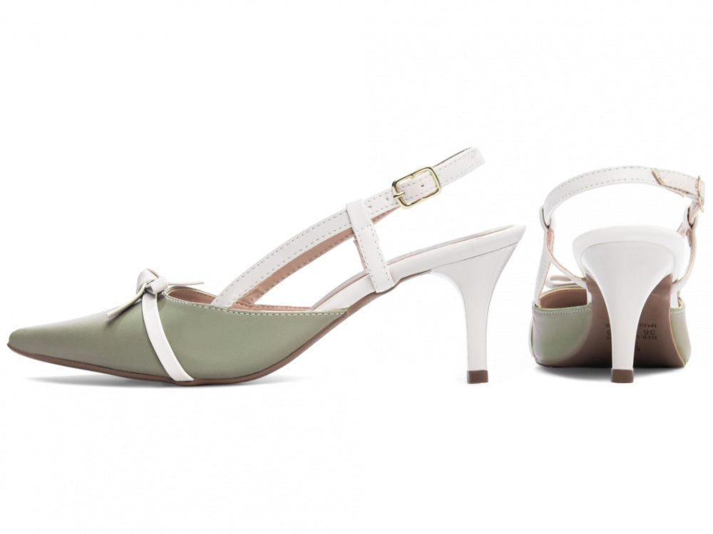 Sapato Scarpin Slingback Verde e Off White com Fivela Dourada