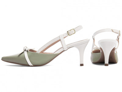 Sapato Scarpin Slingback Verde e Off White com Fivela Dourada