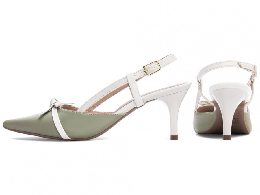 Sapato Scarpin Slingback Verde e Off White com Fivela Dourada