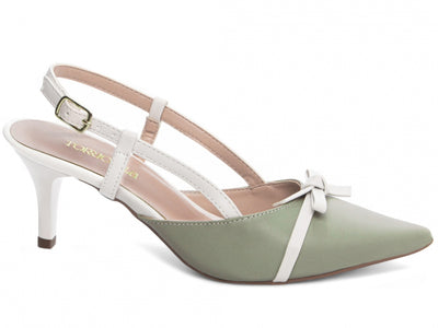 Sapato Scarpin Slingback Verde e Off White com Fivela Dourada