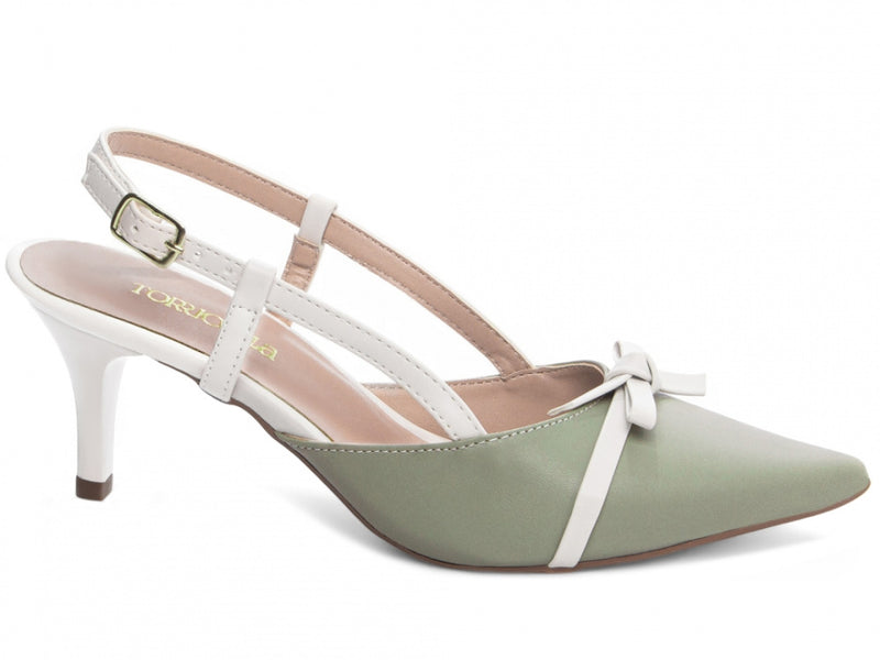 Sapato Scarpin Slingback Verde e Off White com Fivela Dourada
