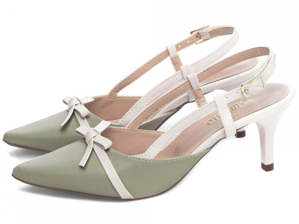 Sapato Scarpin Slingback Verde e Off White com Fivela Dourada