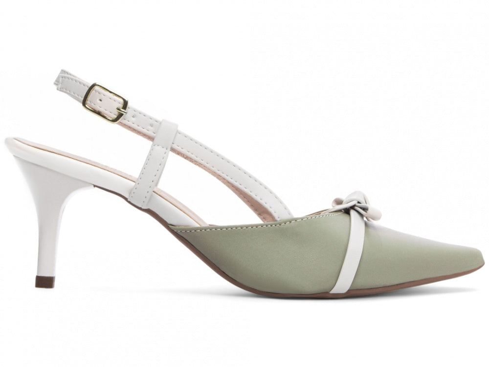 Sapato Scarpin Slingback Verde e Off White com Fivela Dourada