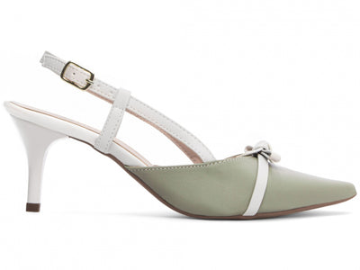 Sapato Scarpin Slingback Verde e Off White com Fivela Dourada