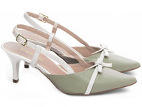 Sapato Scarpin Slingback Verde e Off White com Fivela Dourada