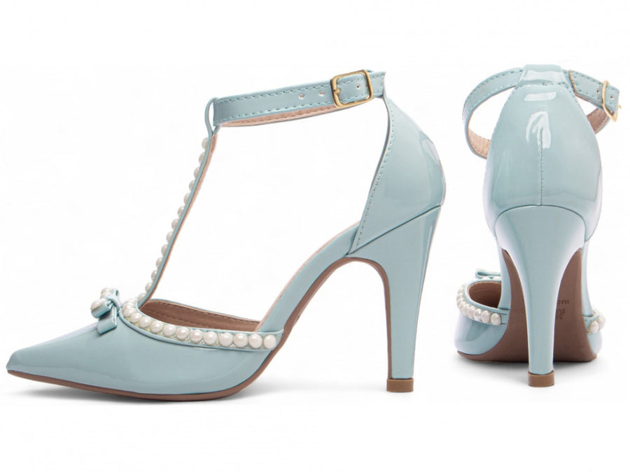 Sapato Scarpin Verniz Azul com Pérola