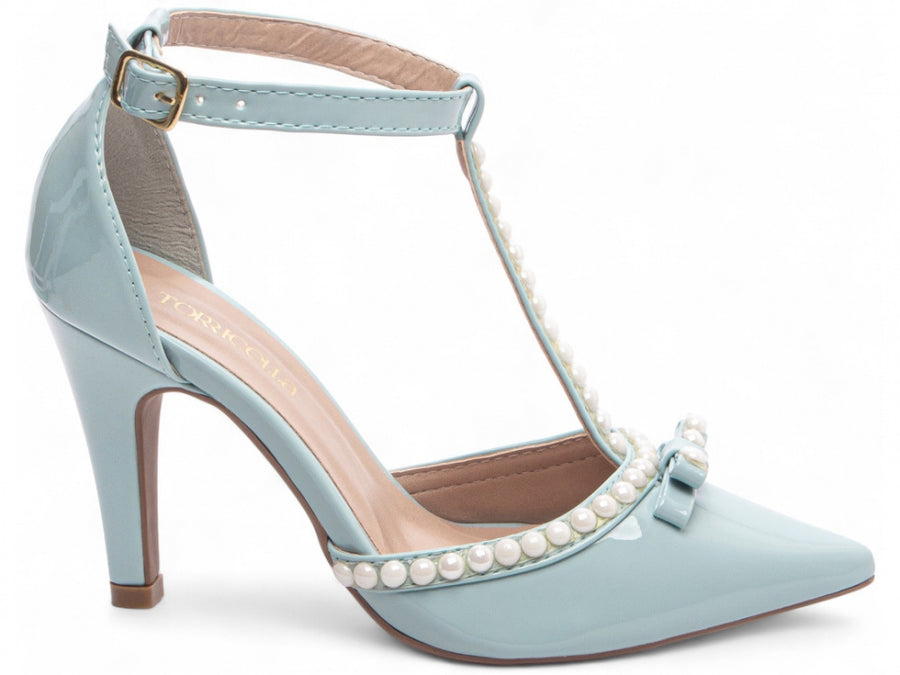 Sapato Scarpin Verniz Azul com Pérola