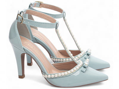 Sapato Scarpin Verniz Azul com Pérola