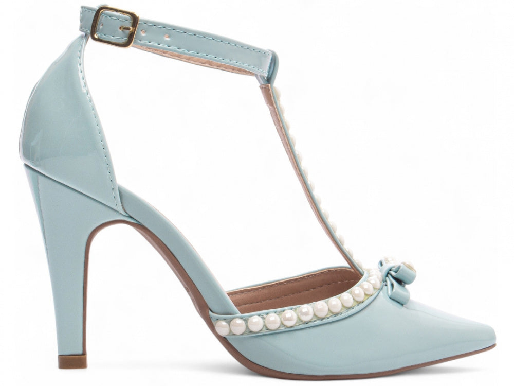 Sapato Scarpin Verniz Azul com Pérola