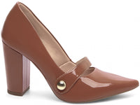 Sapato Scarpin Verniz Caramelo com Aplique Lateral Dourado