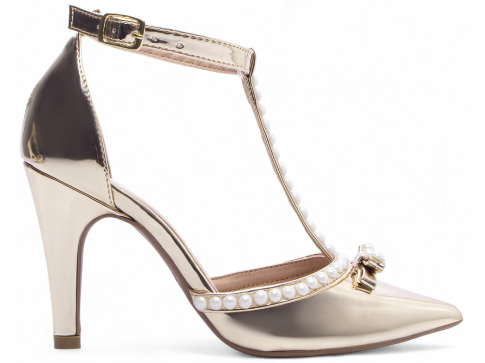 Sapato Scarpin Verniz Metalizado Specchio Ouro Light com Pérola