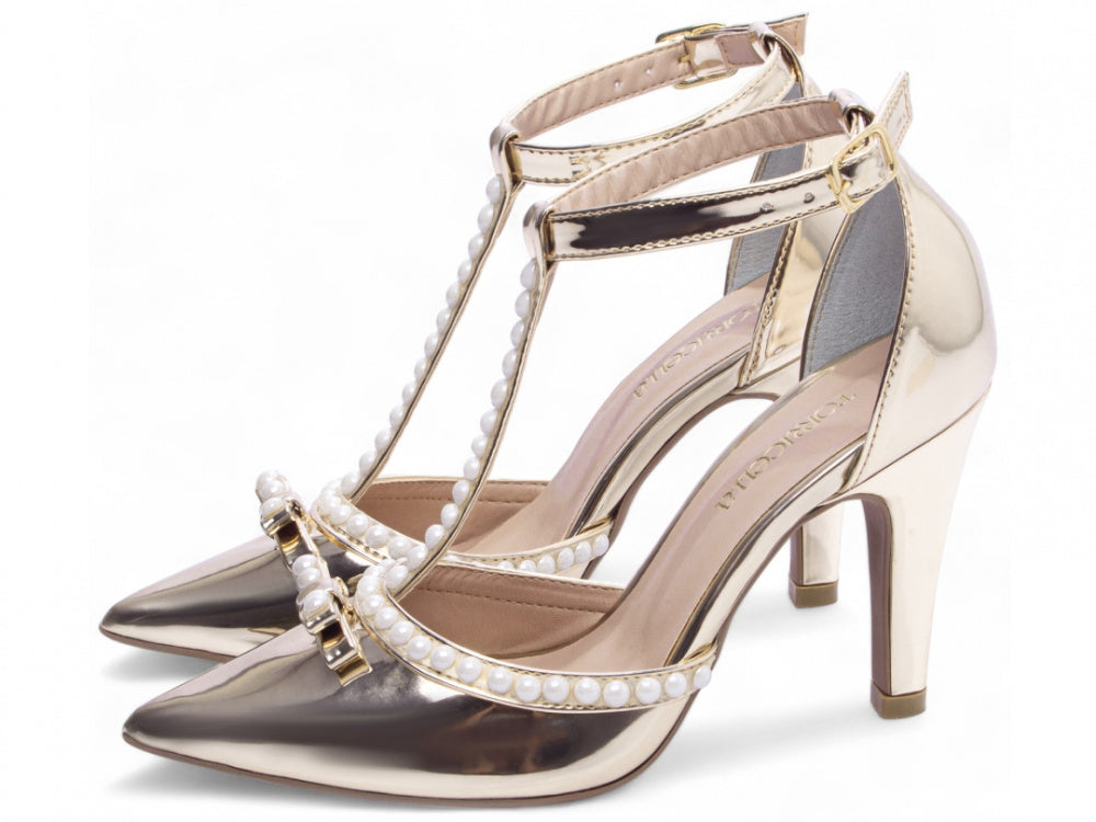 Sapato Scarpin Verniz Metalizado Specchio Ouro Light com Pérola