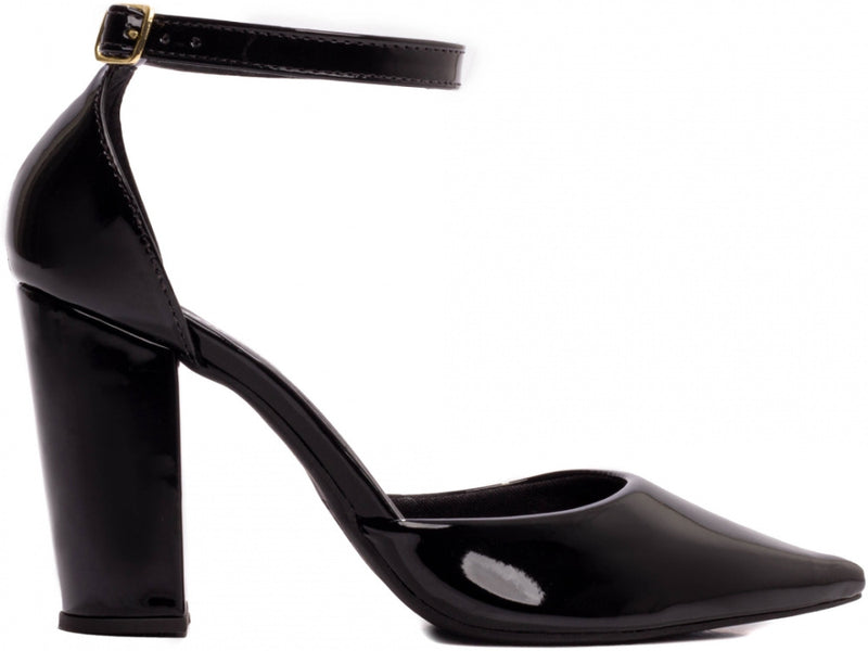 Sapato Scarpin Verniz Preto com Fivela Dourada