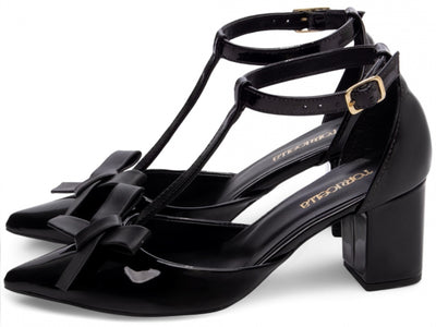 Sapato Scarpin Verniz Preto com Laço e Fivela Dourada