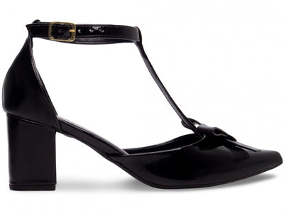Sapato Scarpin Verniz Preto com Laço e Fivela Dourada