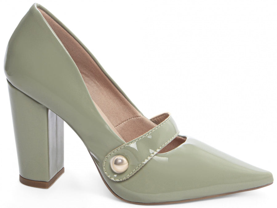 Sapato Scarpin Verniz Verde com Aplique Dourado