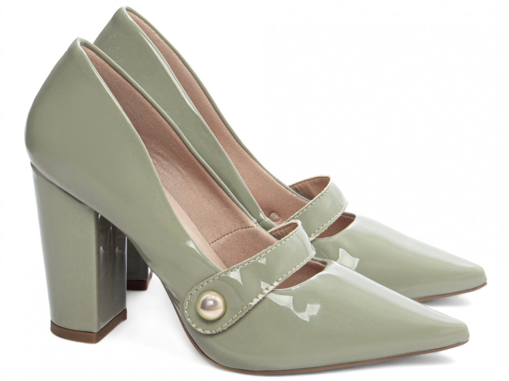 Sapato Scarpin Verniz Verde com Aplique Dourado