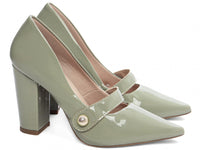 Sapato Scarpin Verniz Verde com Aplique Dourado